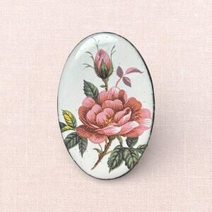 Mid Century Enamel on Copper Rose Brooch 1950s Cottage Core Floral Oval Pin